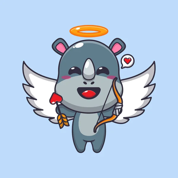 Leuke Neushoorn Cupid Cartoon Karakter Met Liefde Pijl — Stockvector