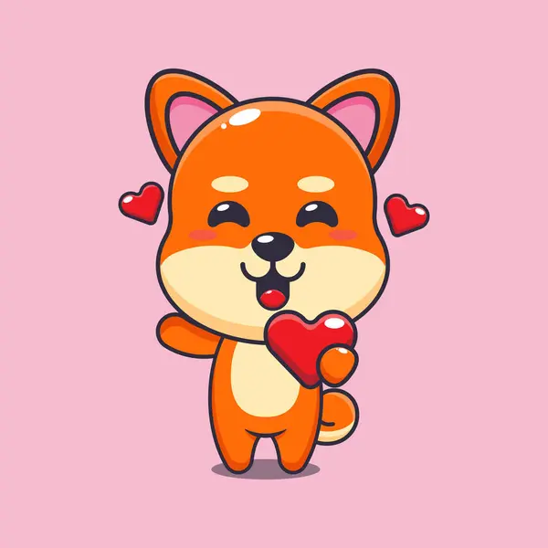 Roztomilý Shiba Inu Karikatura Postava Drží Lásku Srdce Valentýna — Stockový vektor