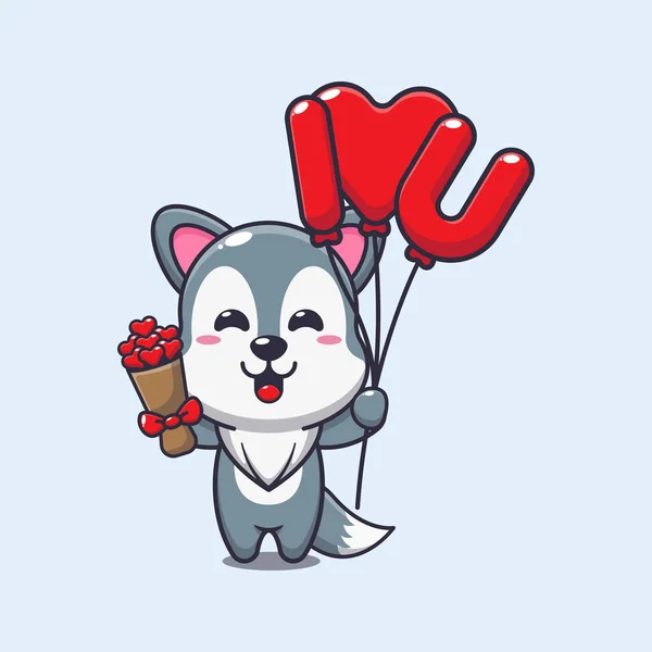 Cute Wolf Cartoon Character Holding Love Balloon Love Flowers — Stock Vector