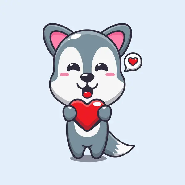 Cute Wolf Karakter Kartun Memegang Hati Cinta - Stok Vektor