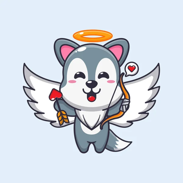 Cute Wolf Cupid Cartoon Character Holding Love Arrow — Stock Vector