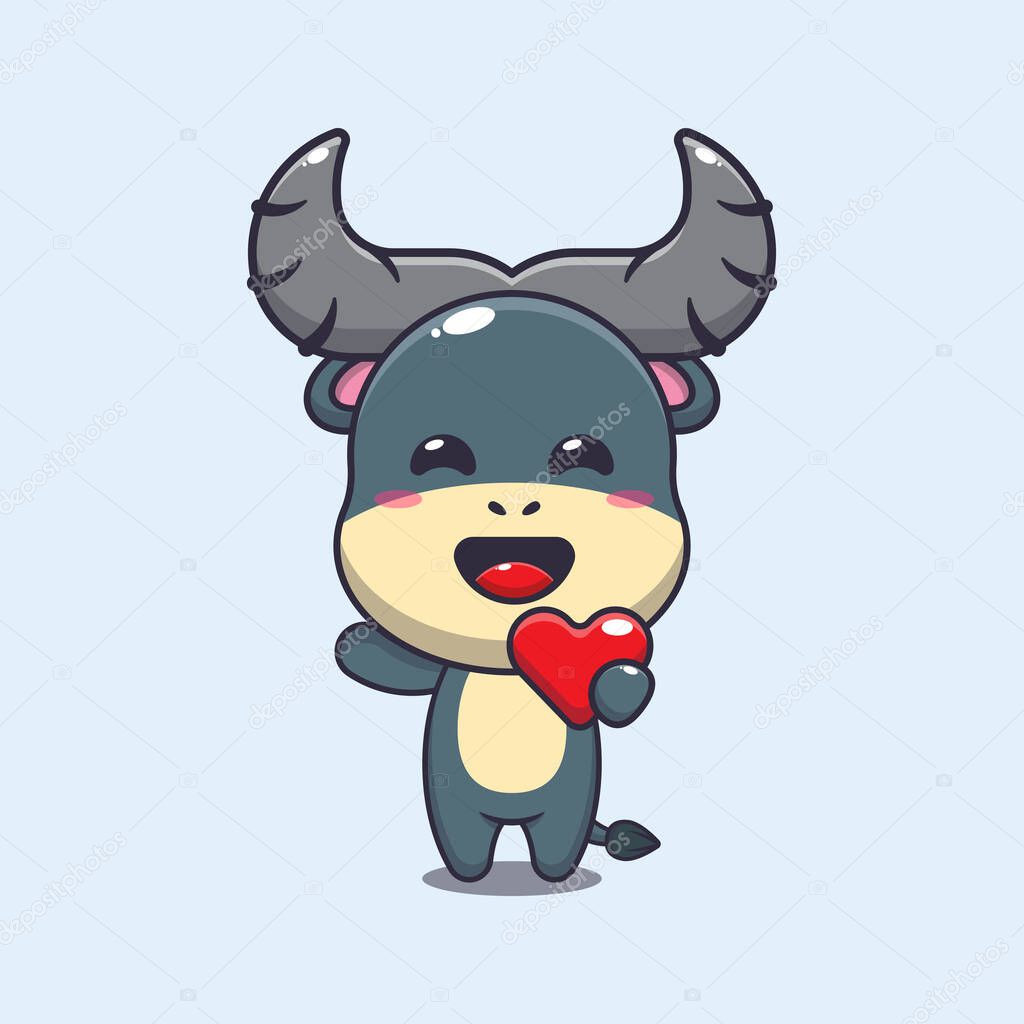 Cute buffalo cartoon character holding love heart at valentine's day.