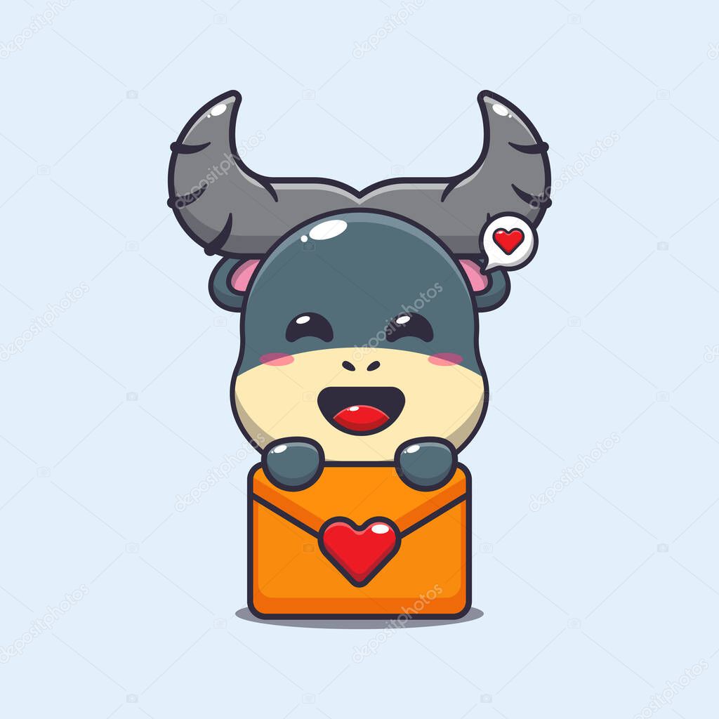 Cute buffalo cartoon character with love message.