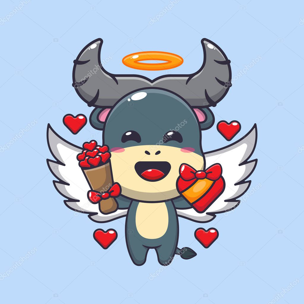 Cute buffalo cupid cartoon character holding love gift and love bouquet.