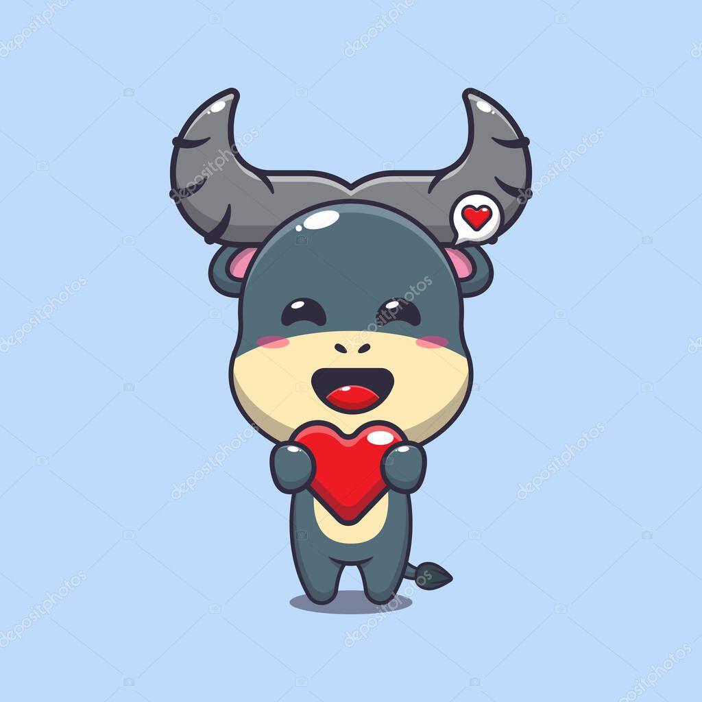 Cute buffalo cartoon character holding love heart.