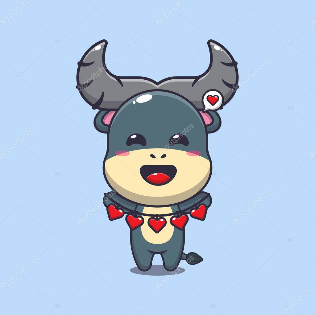 Cute buffalo cartoon character holding love decoration.