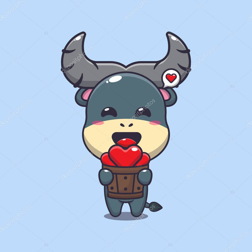 Cute buffalo cartoon character holding love in wood bucket.