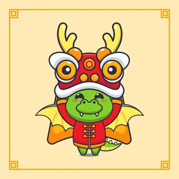 Cute Dragon Playing Lion Dance Chinese New Year — Stock Vector