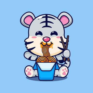 Beyaz kaplan makarna yiyor vektör çizimi. 