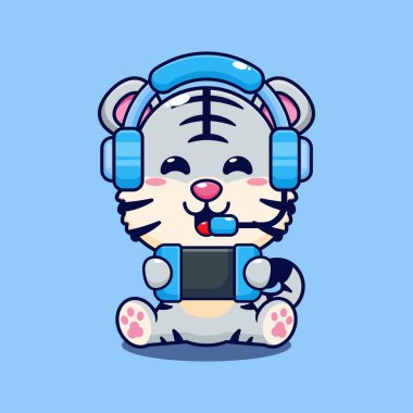 Beyaz kaplan sanal gerçeklik çizgi film vektör çizimi oynuyor. 