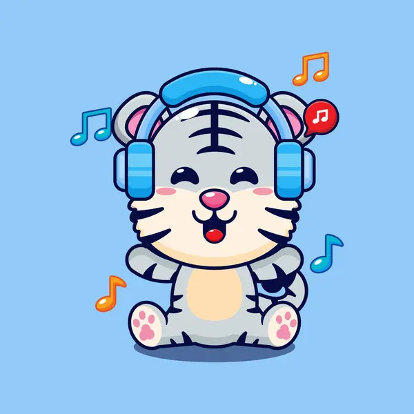 Tigre Bianca Ascoltare Musica Con Cuffie Fumetto Vettoriale Illustrazione — Vettoriale Stock