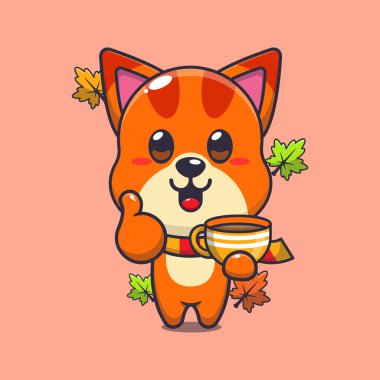 Sonbahar mevsiminde kahve içen sevimli bir kedi. Maskot karikatür çizimi poster, broşür, ağ, maskot, etiket, logo ve simge için uygundur.