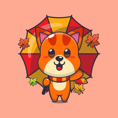 Sonbahar mevsiminde şemsiyeli şirin bir kedi. Maskot karikatür çizimi poster, broşür, ağ, maskot, etiket, logo ve simge için uygundur.