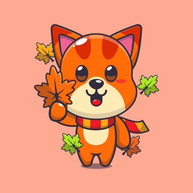 Sonbahar yaprağını tutan sevimli bir kedi. Maskot karikatür çizimi poster, broşür, ağ, maskot, etiket, logo ve simge için uygundur.
