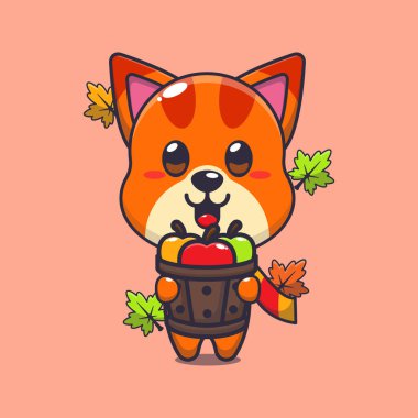 Tahta kovada elma tutan sevimli bir kedi. Maskot karikatür çizimi poster, broşür, ağ, maskot, etiket, logo ve simge için uygundur.