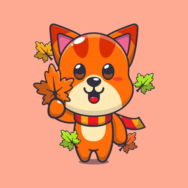 Sonbahar yaprağını tutan sevimli bir kedi. Maskot karikatür çizimi poster, broşür, ağ, maskot, etiket, logo ve simge için uygundur.