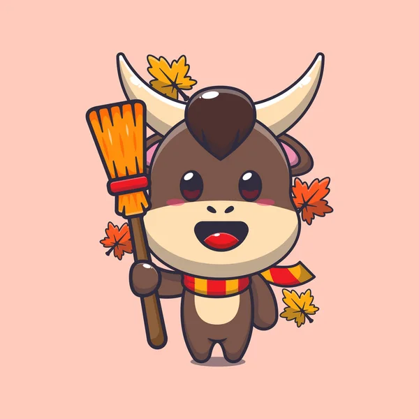 Cute Autumn Bull Holding Broom Mascot Cartoon Vector Illustration Suitable — Stock Vector