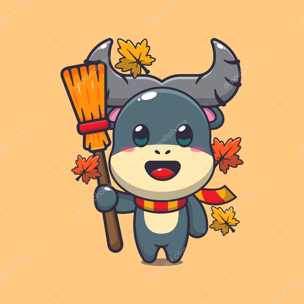Cute autumn buffalo holding broom. Mascot cartoon vector illustration suitable for poster, brochure, web, mascot, sticker, logo and icon.