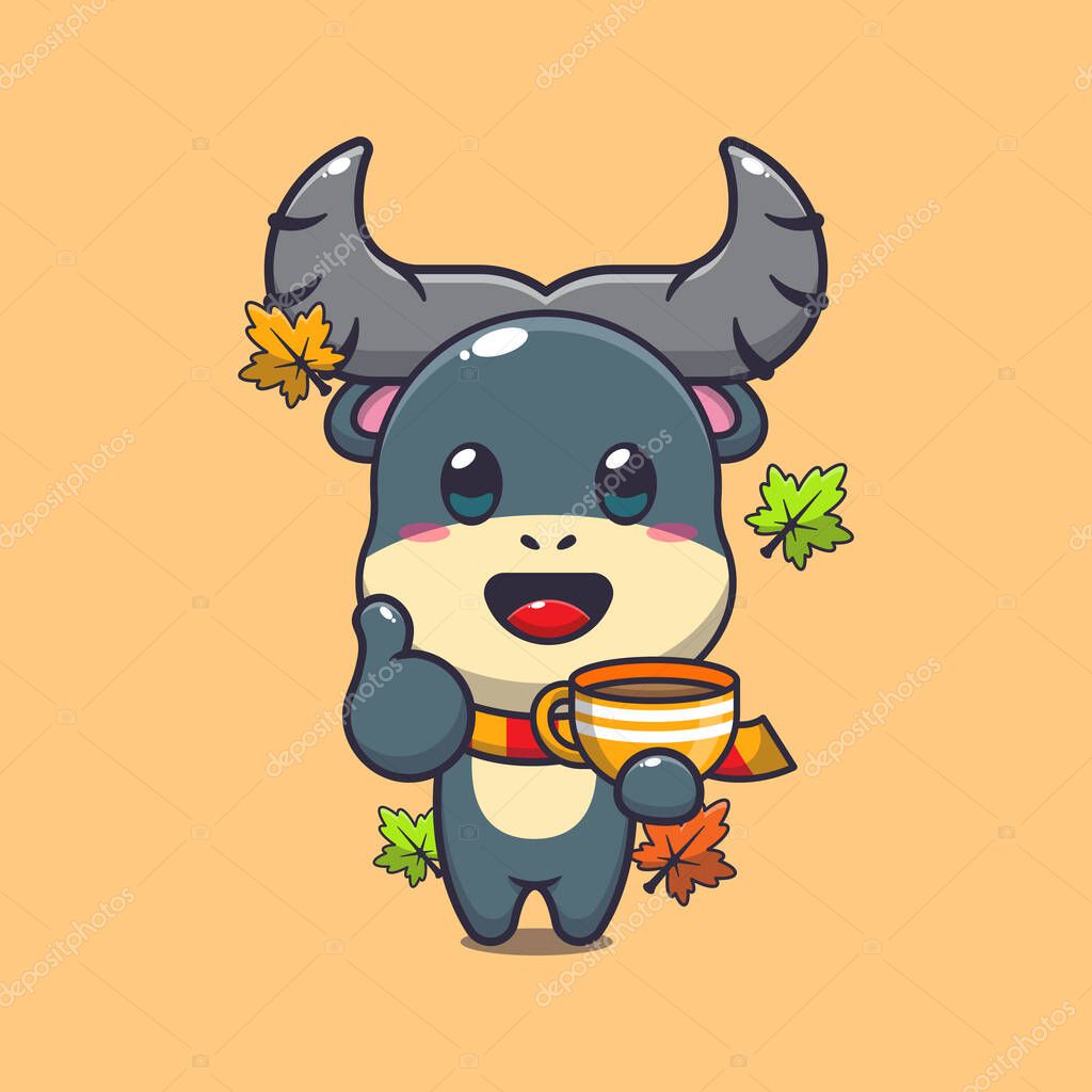 Cute buffalo with coffee in autumn season. Mascot cartoon vector illustration suitable for poster, brochure, web, mascot, sticker, logo and icon.