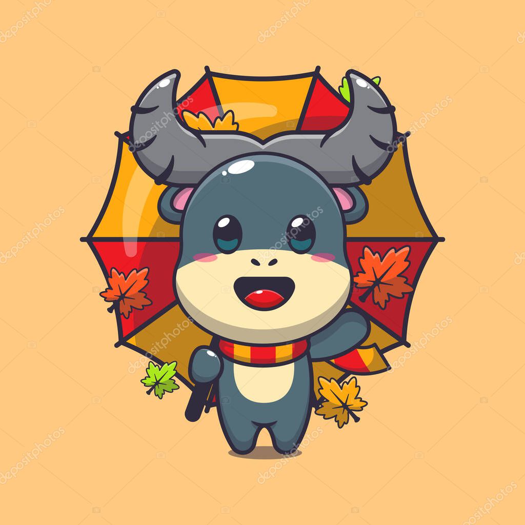 Cute buffalo with umbrella at autumn season. Mascot cartoon vector illustration suitable for poster, brochure, web, mascot, sticker, logo and icon.