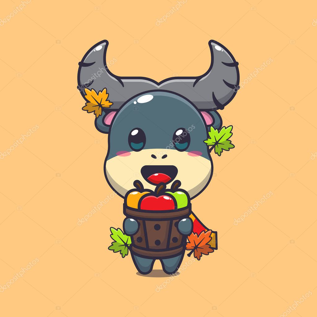 Cute buffalo holding a apple in wood bucket. Mascot cartoon vector illustration suitable for poster, brochure, web, mascot, sticker, logo and icon.