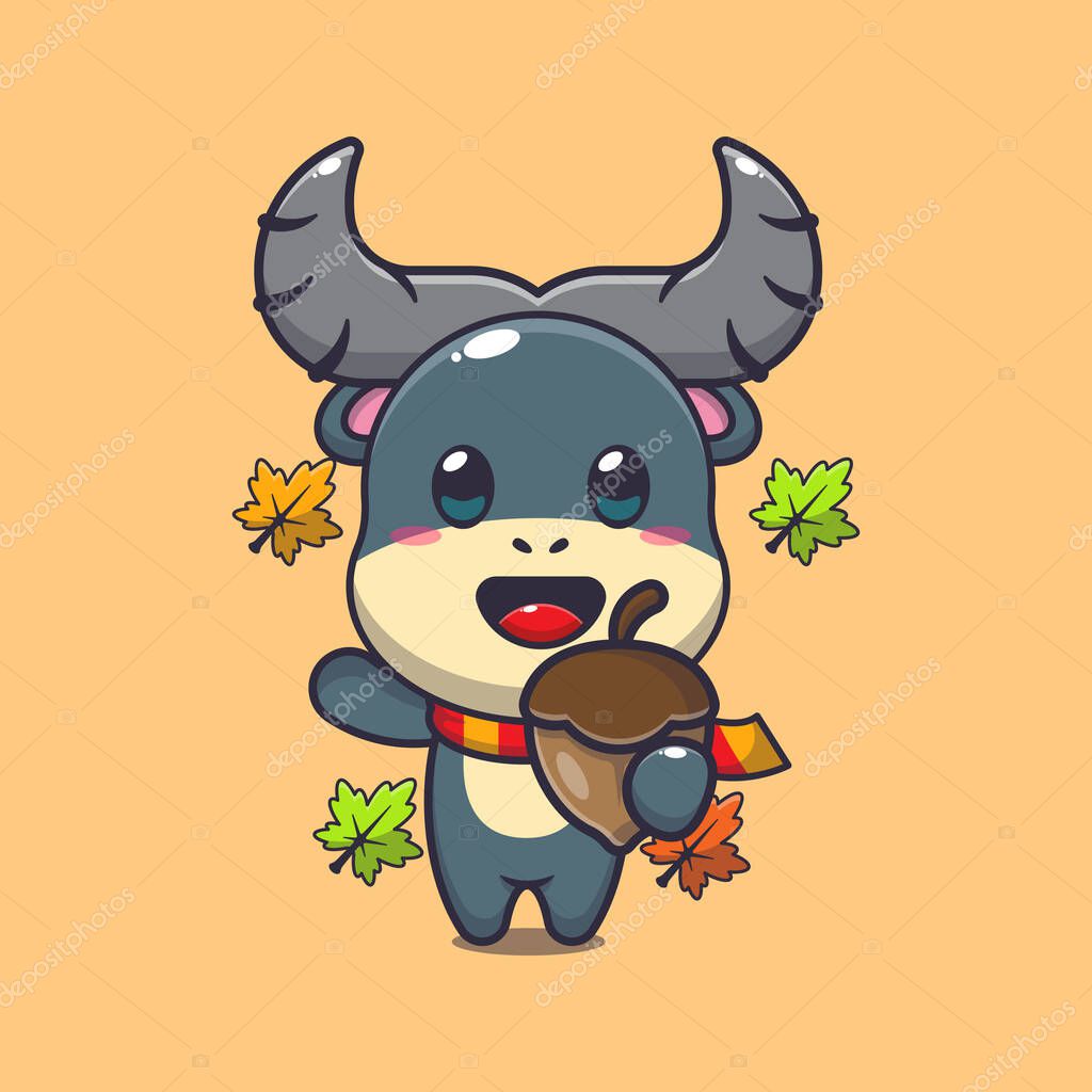 Cute buffalo with acorns at autumn season. Mascot cartoon vector illustration suitable for poster, brochure, web, mascot, sticker, logo and icon.