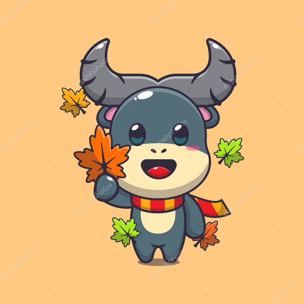 Cute buffalo holding autumn leaf. Mascot cartoon vector illustration suitable for poster, brochure, web, mascot, sticker, logo and icon.