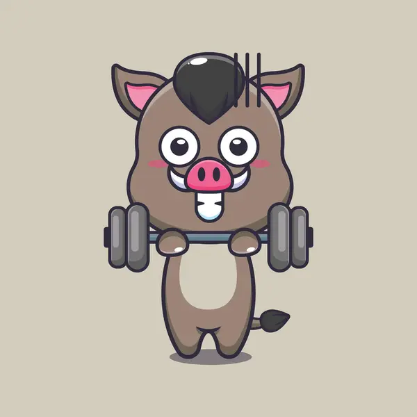 Cute Boar Lifting Barbell Cartoon Vector Illustration — Stock Vector