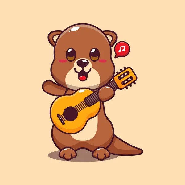 Lontra Bonito Tocando Guitarra Desenho Animado Ilustração Vetorial — Vetor de Stock