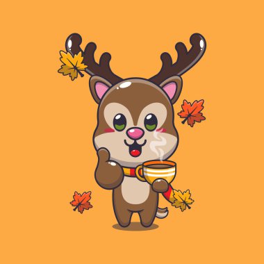 Güz mevsiminde kahve içen sevimli bir geyik. Maskot karikatür çizimi poster, broşür, ağ, maskot, etiket, logo ve simge için uygundur.
