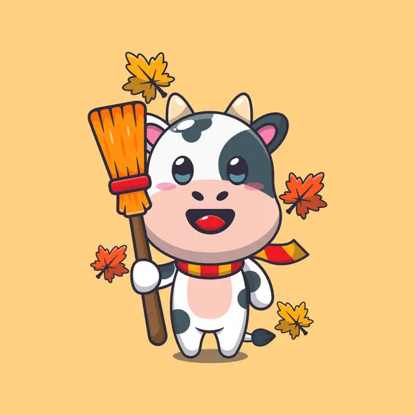 Bonito Outono Vaca Segurando Vassoura Mascote Desenho Animado Vetor Ilustração — Vetor de Stock