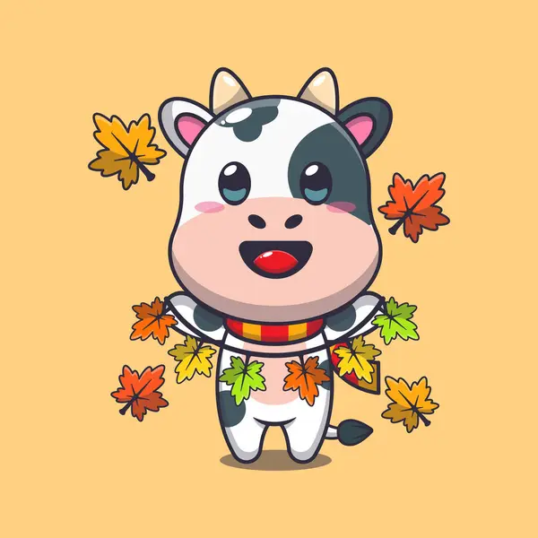 Vaca Bonito Com Decoração Folha Outono Mascote Desenho Animado Vetor — Vetor de Stock
