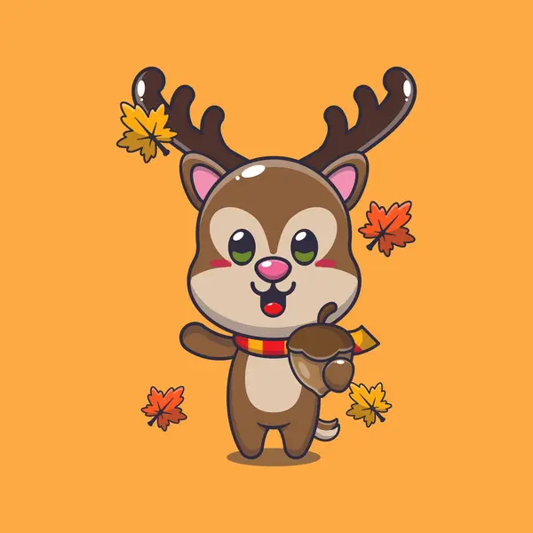 Cervo Bonito Com Bolotas Temporada Outono Mascote Desenho Animado Vetor — Vetor de Stock