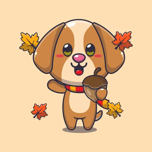 Χαριτωμένο Σκυλί Βελανίδια Την Εποχή Του Φθινοπώρου Εικονογράφηση Φορέα Μασκότ — Διανυσματικό Αρχείο