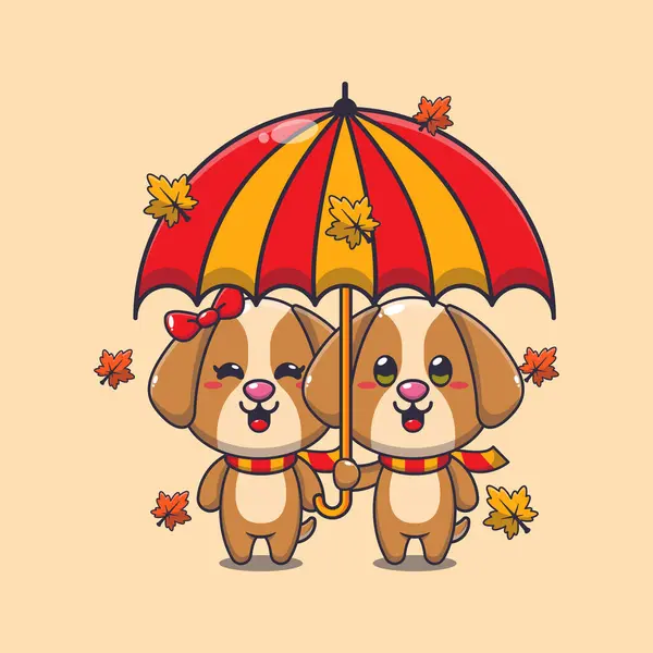 Cute Couple Dog Umbrella Autumn Season Mascot Cartoon Vector Illustration — Stock Vector