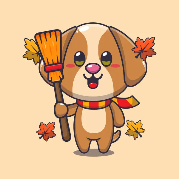Cão Outono Bonito Segurando Vassoura Mascote Desenho Animado Vetor Ilustração — Vetor de Stock