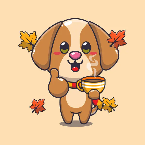 Cão Bonito Com Café Temporada Outono Mascote Desenho Animado Vetor — Vetor de Stock