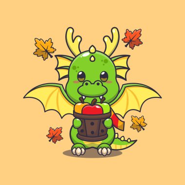 Cute dragon holding a apple in wood bucket. Mascot cartoon vector illustration suitable for poster, brochure, web, mascot, sticker, logo and icon. clipart
