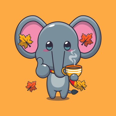 Sonbahar mevsiminde kahve içen şirin bir fil. Maskot karikatür çizimi poster, broşür, ağ, maskot, etiket, logo ve simge için uygundur.