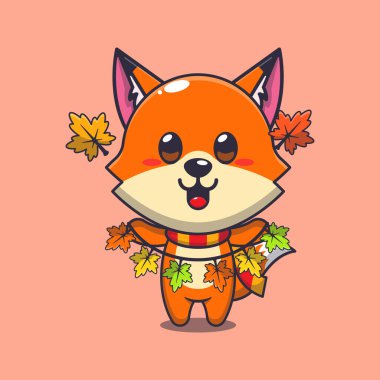 Sonbahar yaprağı süslemesi olan şirin tilki. Maskot karikatür çizimi poster, broşür, ağ, maskot, etiket, logo ve simge için uygundur.