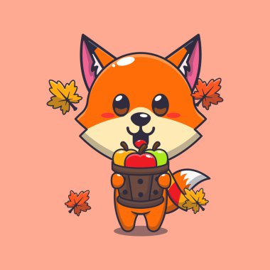 Tahta kovada elma tutan şirin tilki. Maskot karikatür çizimi poster, broşür, ağ, maskot, etiket, logo ve simge için uygundur.