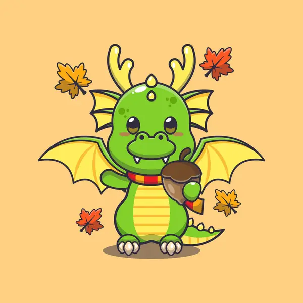 Dragon Mignon Avec Glands Saison Automne Illustration Vectorielle Dessin Animé — Image vectorielle