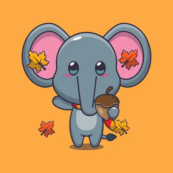 Милый Слон Желудями Осенний Сезон Векторная Иллюстрация Талисмана Подходит Плаката — стоковый вектор