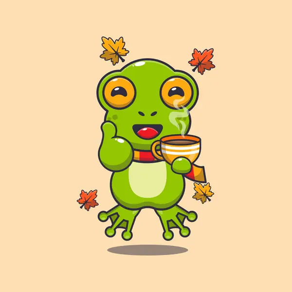 Cute Frog Coffee Autumn Season Mascot Cartoon Vector Illustration Suitable — Stock Vector