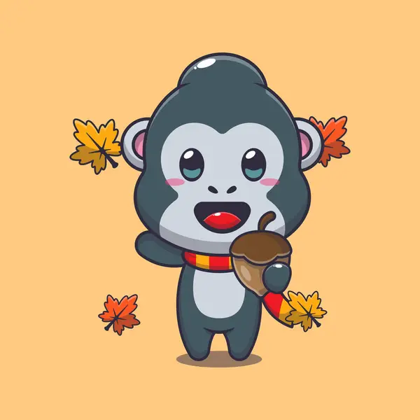Cute Gorilla Acorns Autumn Season Mascot Cartoon Vector Illustration Suitable — Wektor stockowy