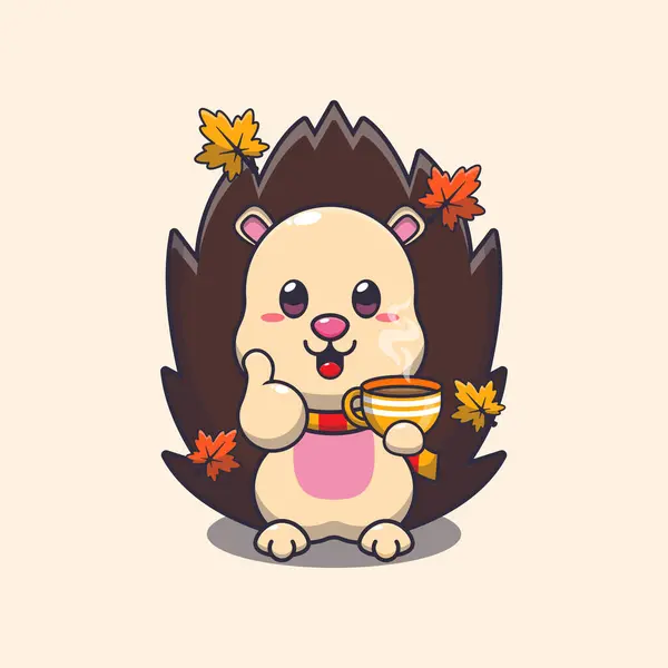 Cute Hedgehog Coffee Autumn Season Mascot Cartoon Vector Illustration Suitable — Stock Vector