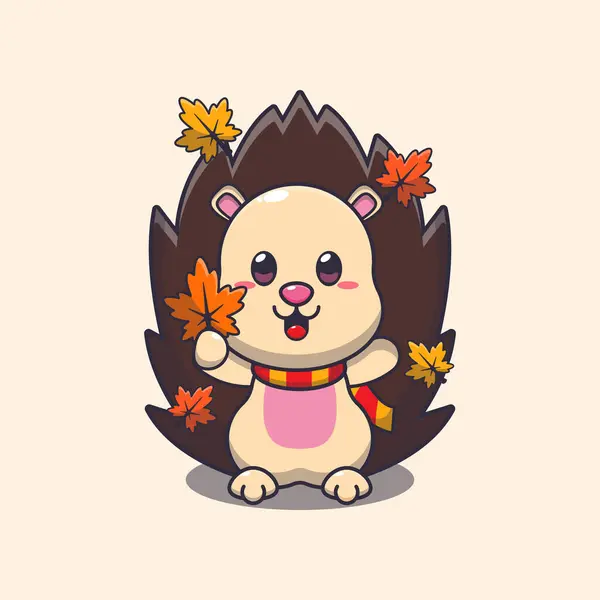 Cute Hedgehog Holding Autumn Leaf Mascot Cartoon Vector Illustration Suitable — Stock Vector