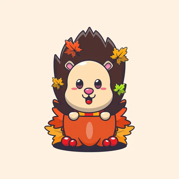 Cute Hedgehog Pumpkin Autumn Season Mascot Cartoon Vector Illustration Suitable — Stock Vector