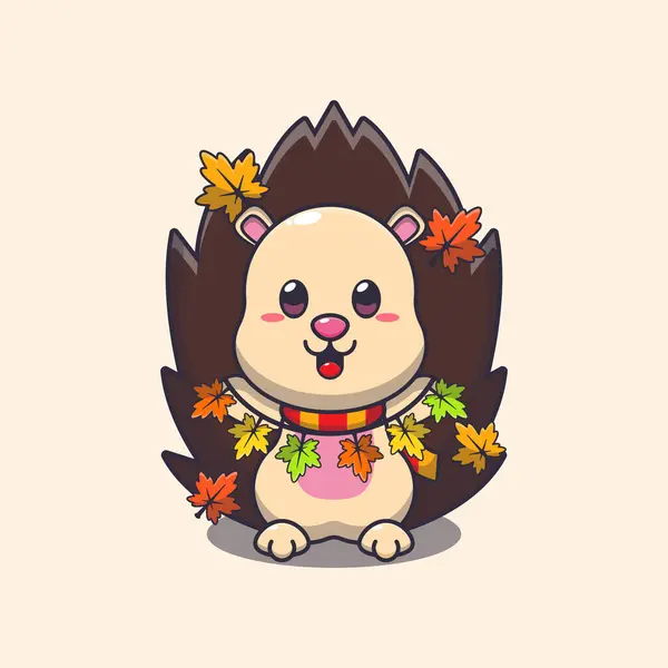 Cute Hedgehog Autumn Leaf Decoration Mascot Cartoon Vector Illustration Suitable — Stock Vector