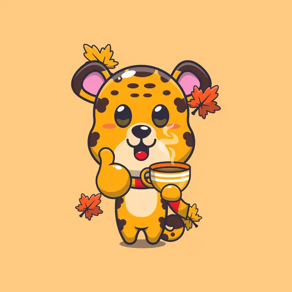 Cute Leopard Coffee Autumn Season Mascot Cartoon Vector Illustration Suitable — Stock Vector